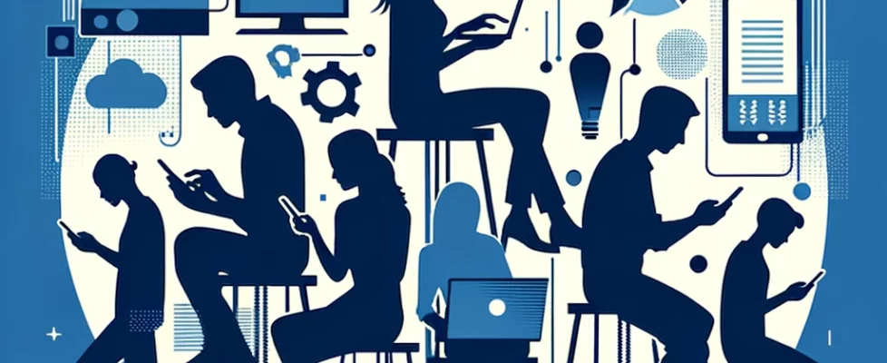 DALL·E 2024-02-29 15.27.01 - Revise the minimalist graphic to incorporate the primary color #014e78, featuring silhouettes of young people using technology and engaging in convers