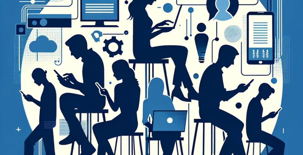 DALL·E 2024-02-29 15.27.01 - Revise the minimalist graphic to incorporate the primary color #014e78, featuring silhouettes of young people using technology and engaging in convers