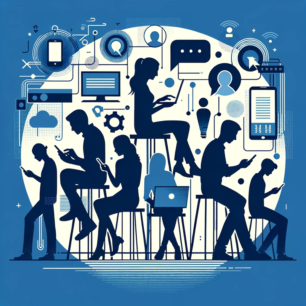 DALL·E 2024-02-29 15.27.01 - Revise the minimalist graphic to incorporate the primary color #014e78, featuring silhouettes of young people using technology and engaging in convers